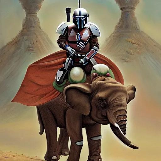 Image similar to painting of the mandalorian riding an elephant, intricate, high detail, in the style of mandalorian end credit concept art