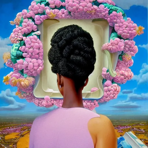 Prompt: whimsical, hyperrealistic surrealism, award winning masterpiece with incredible details, Pegge Hopper, a surreal vaporwave liminal space, highly detailed, trending on ArtStation