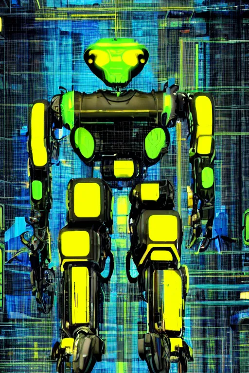 Prompt: Robotic ox, Cyberpunk, Green yellow blue