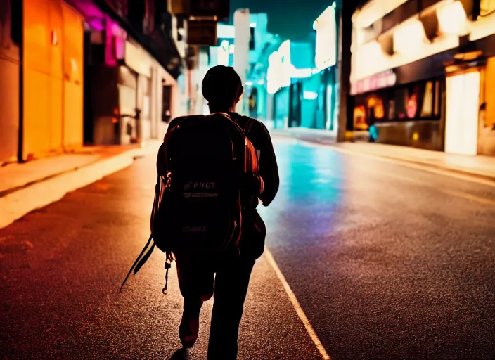 Image similar to photography of a Cat carrying a backpack . in a cyberpunk street. award winning photo, led lighting, night, 24mm, sharp, high res