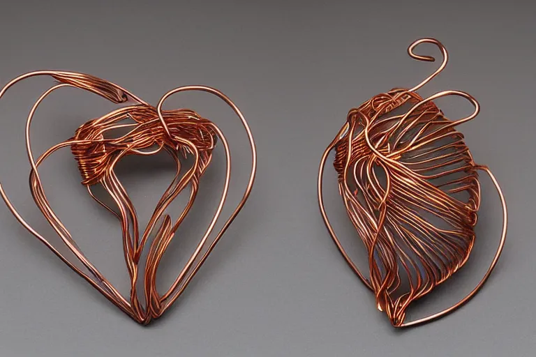 Image similar to a very beautiful tiny human heart organic sculpture made of copper wire and threaded pipes, very intricate, curved. studio lighting, high resolution, high quality, black background