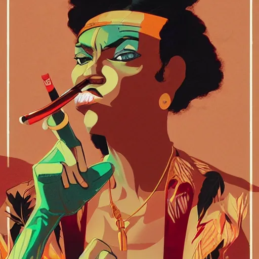 Prompt: Char Zulu smoking a weed cigarette by Sachin Teng + Karol Bak + Rolf Armstrong