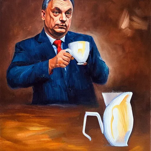 Image similar to viktor orban making v 6 0 coffee, oil painting