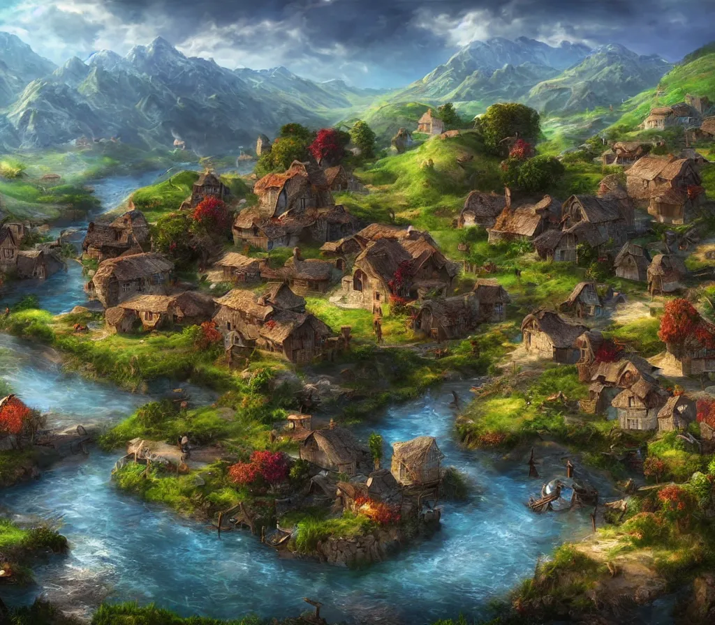 Prompt: Idyllic Svanetian village in Georgia, realistic fantasy matte painting, 4k, league of legends splash screen art