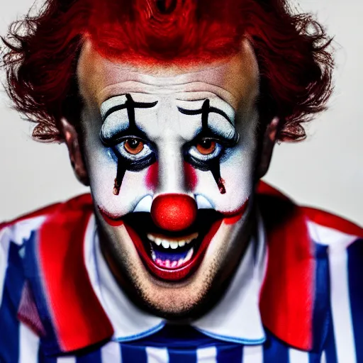 Prompt: Harry Kane dressed as a clown, 8k, extreme detail, studio light, dramatic, sharp focus,