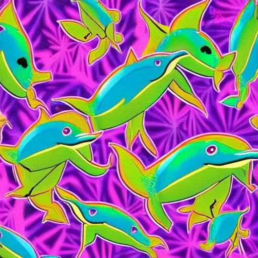 Image similar to dolphins jumping over a pile of hemp leaves in a psychedelic lisa frank style, digital art