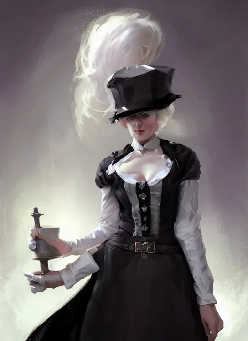 Image similar to dnd character concept art by craig mullins and tom bagshaw of full body!! illustration of a beautiful platinum blonde victorian maid. beautiful slender face, playful updo, big blue eyes, fine pointy chin, slender nose, high cheek bones, soft lips. maid in a black dress with white apron. lace, embroidery, leather, studs.