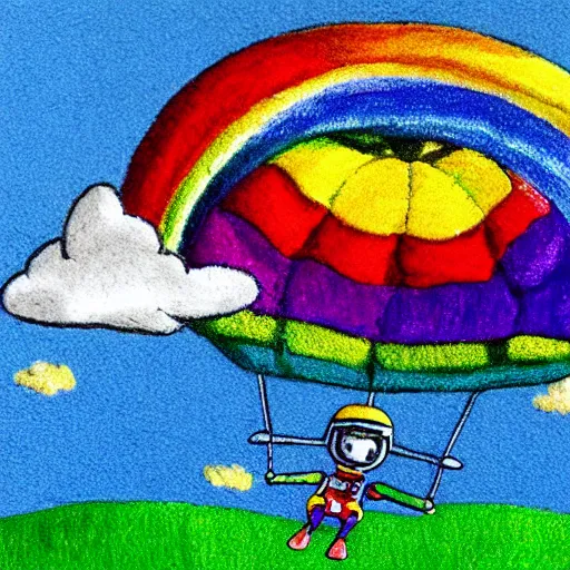 Prompt: crayon illustration of skydiver falling through rainbow, with soft puffy clouds beneath her sprawling over a green valley