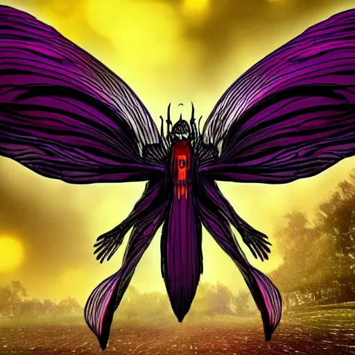Prompt: 4K headshot of mothman with a mushroom hat and rouch clothes with giant wings , intricate face , flawless anime cel animation ,psychedelic , highly detailed upper body , professionally post-processed , beautiful, scary, symmetry accurate features, epic, octane rendered, anime masterpiece, accurate