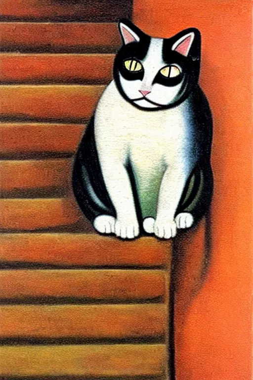 Prompt: a beautiful painting of a cat, sitting on the outside stairs of an house in a characteristic village in the south of Italy, Botero style, postcard, vintage