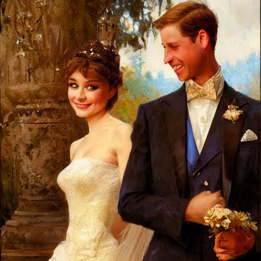 Image similar to detailed painting of young prince william marrying attractive audrey hepburn, highly detailed painting by gaston bussiere, craig mullins, j. c. leyendecker 8 k, smiling couple, royal painting, human face