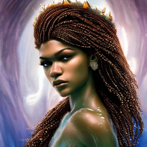 Image similar to dramatic upper body portrait of zendaya as a dark - skinned mermaid la sirene haitian goddess, under water, white lilies, concept art, intricate details, bloom, highly detailed, photorealistic, octane render, 8 k, art by annie leibovitz and wlop and frank frazetta and simon bisley h - 7 2 0