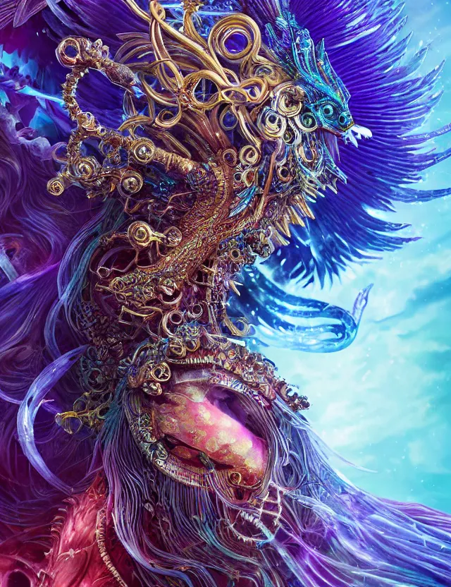 Image similar to goddess phoenix macro close - up portrait with crown made of ram skull. phoenix, betta fish, jellyfish, bioluminiscent, plasma, ice, water, wind, creature, super intricate ornaments artwork by tooth wu and wlop and beeple and greg rutkowski