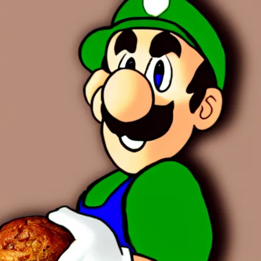 Prompt: luigi eating a muffin