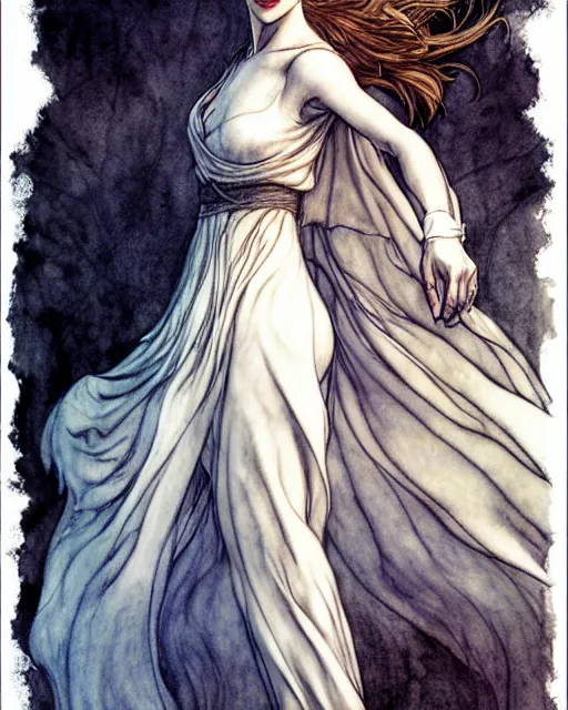 Image similar to in the style of artgerm, arthur rackham, evan rachel wood, flowing white dress