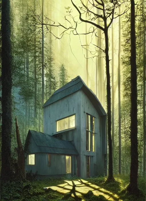 Image similar to hyper realistic witchy modern house with mood lighting and tech in the woods gorgeous lighting, sunbeams blue sky, highly detailed, lush forest foliage painting by zdzisław beksinski and norman rockwell and greg rutkowski weta studio, and lucasfilm