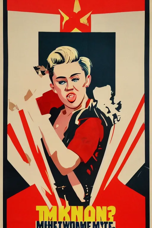 Image similar to propaganda poster, miley cyrus, action pose