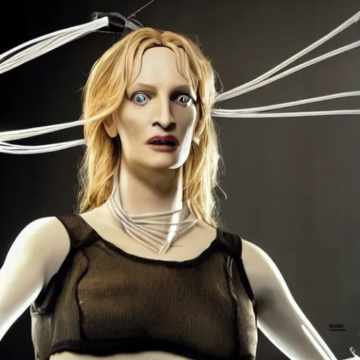 Image similar to animatronic Uma Thurman, exposed wires, photo, Stan Winston studios, detailed, 4k