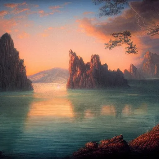 Prompt: an ultra detailed painting of a mysterious lagoon, far away behind it is a cliff with a dark castle on top of it with a few windows lit, twilight, highly detailed, fantasy