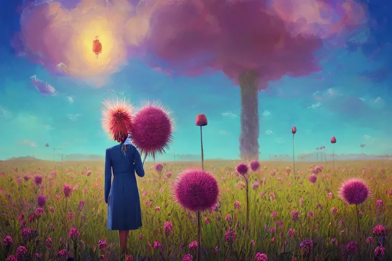 Image similar to portrait, giant thistle flower under head, a girl in a suit in field of flowers, surreal photography, sunrise, blue sky, dramatic light, impressionist painting, digital painting, artstation, simon stalenhag