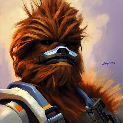 Image similar to greg manchess portrait painting of chewbacca as overwatch character, medium shot, asymmetrical, profile picture, organic painting, sunny day, matte painting, bold shapes, hard edges, street art, trending on artstation, by huang guangjian and gil elvgren and sachin teng