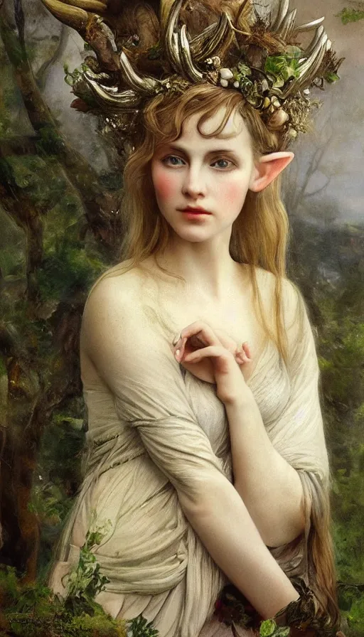 Prompt: a portrait of a beautiful elven princess with laurel crown and deer horns, overcast lighting, highly detailed, sharp focus, gritty texture, by Vladimir Lukich Borovikovsky