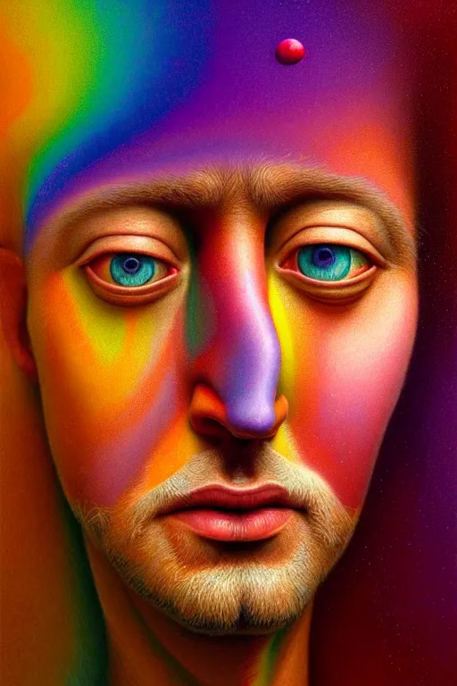 Prompt: hyperrealistic close-up Renaissance psychedelic!! celestial happy! pure kind! creature!!! peaceful! kind spirit of nature! beautiful eyes! highly detailed concept art eric zener elson peter cinematic hard rainbow lighting high angle hd 8k sharp shallow depth of field, inspired by Zdzisław Beksiński Salvador Dali