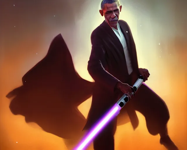 Image similar to 5 5 mm portrait photo of barack obama as mace windu with a purple lightsaber. dark atmosphere. art by greg rutkowski. highly detailed 8 k. intricate. lifelike. soft light. nikon d 8 5 0.