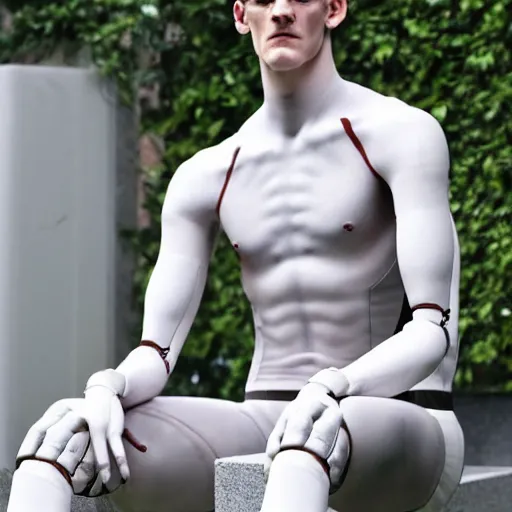 Prompt: a realistic detailed photo of a guy who is an attractive humanoid who is half robot and half humanoid, who is a male android, soccer player declan rice, shiny skin, posing like a statue, blank stare, by the pool, on display