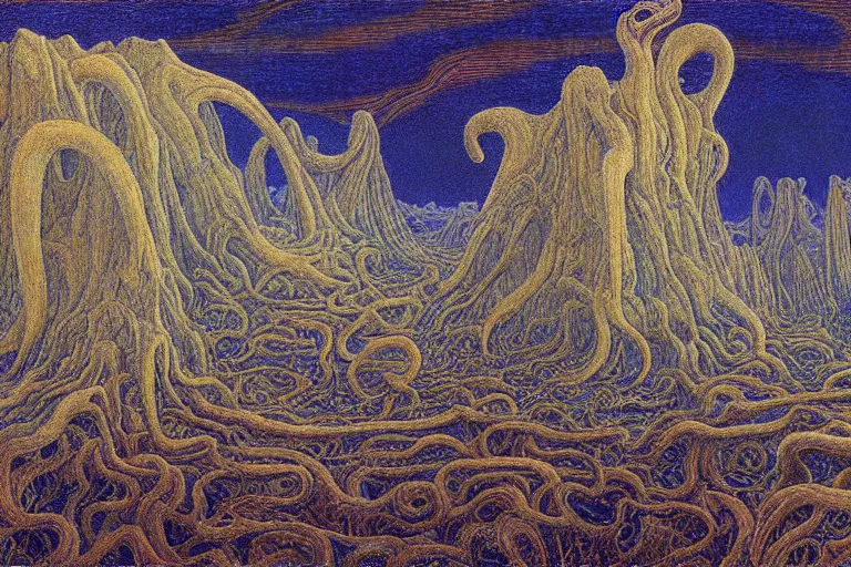 Image similar to lovecraftian landscape, another world by Jean Delville