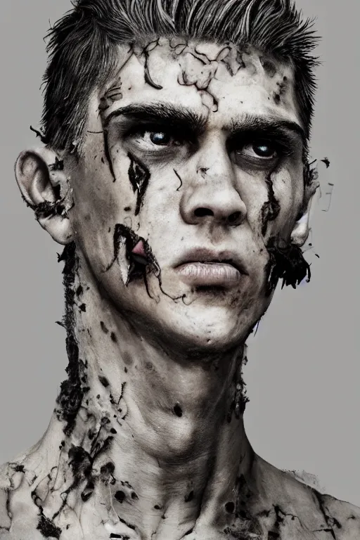 Image similar to a rough ugly young man, shaved head, punk, tattered leather coat, intricate, elegant, dramatic lighting, ugly face, highly detailed, lifelike, photorealistic, digital painting, artstation, illustration, concept art, smooth, sharp focus, art by John Collier and Albert Aublet and Krenz Cushart and Artem Demura and Alphonse Mucha