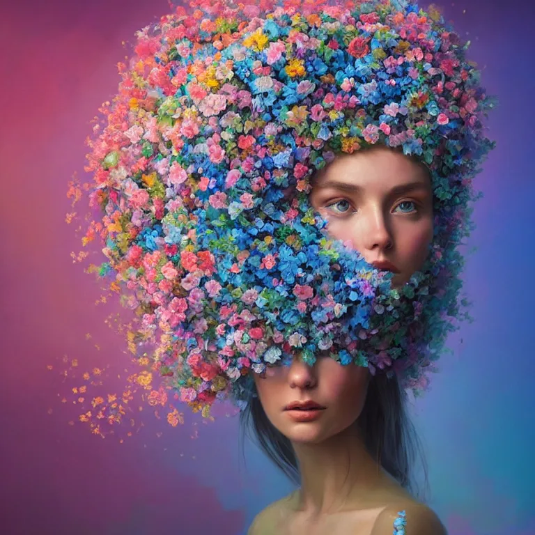 Image similar to a beautiful oil painting hyperrealism of a beautiful woman, flowers, floral headdress, 8 k resolution, octane render, trending on artstation, by gediminas pranckevicius, volumetric light 2 blue fractal thunder glow by dan mumford, anaglyph effect, laurie lipton