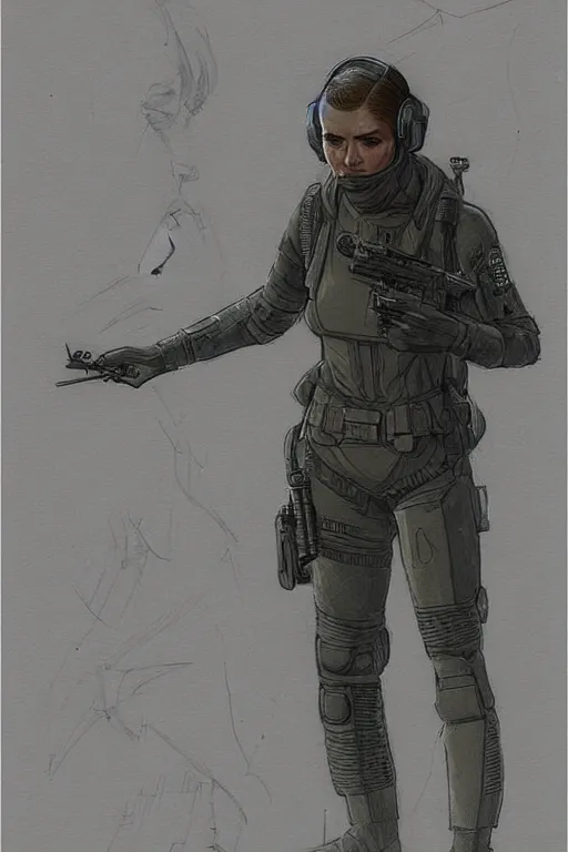 Image similar to Maria. blackops mercenary in near future tactical gear, stealth suit, and cyberpunk headset. Blade Runner 2049. concept art by James Gurney and Mœbius.