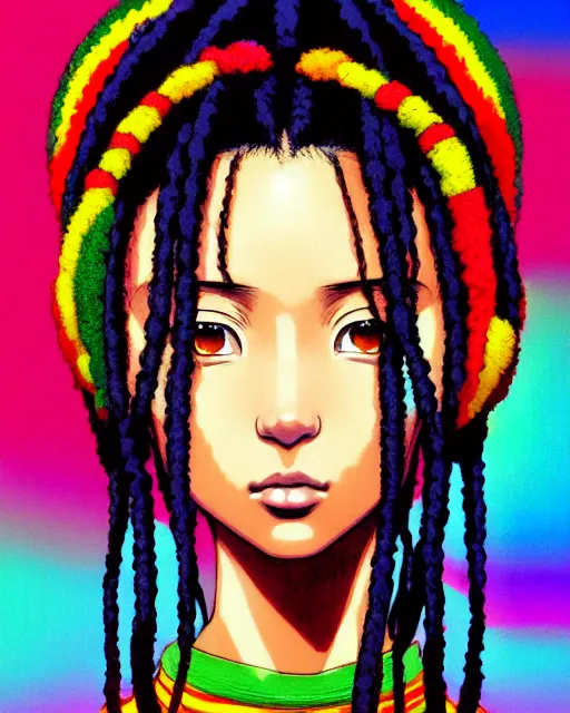 Image similar to portrait Anime 1984 Rasta Girl wearing-rasta-clothes Soft fine face pretty face, realistic shaded Perfect face, fine details. Anime. background: Los-Angeles San-Francisco; hyperrealistic by Ilya Kuvshinov katsuhiro otomo ghost-in-the-shell, magali villeneuve, artgerm, rutkowski Jeremy Lipkin and Giuseppe Dangelico Pino and Michael Garmash and Rob Rey