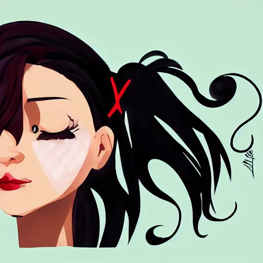 Prompt: a cartoon illustration portrait of a beautiful cute girl with wavy black red hair, a pointy nose and, round chin black eyeliner, trending on artstation