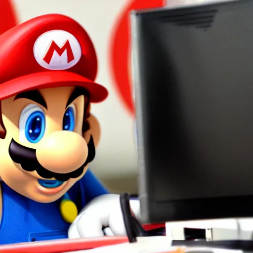 Prompt: mario using the computer, hd