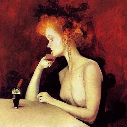 Image similar to portrait of a mysterious woman drinking a martini, by Ilya Repin and Dave McKean