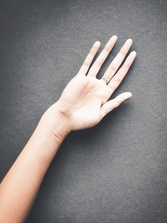 Prompt: macro photo of one!! elegant gorgeous detailed woman's hand palm up, palm lines, instagram photo, studio photo