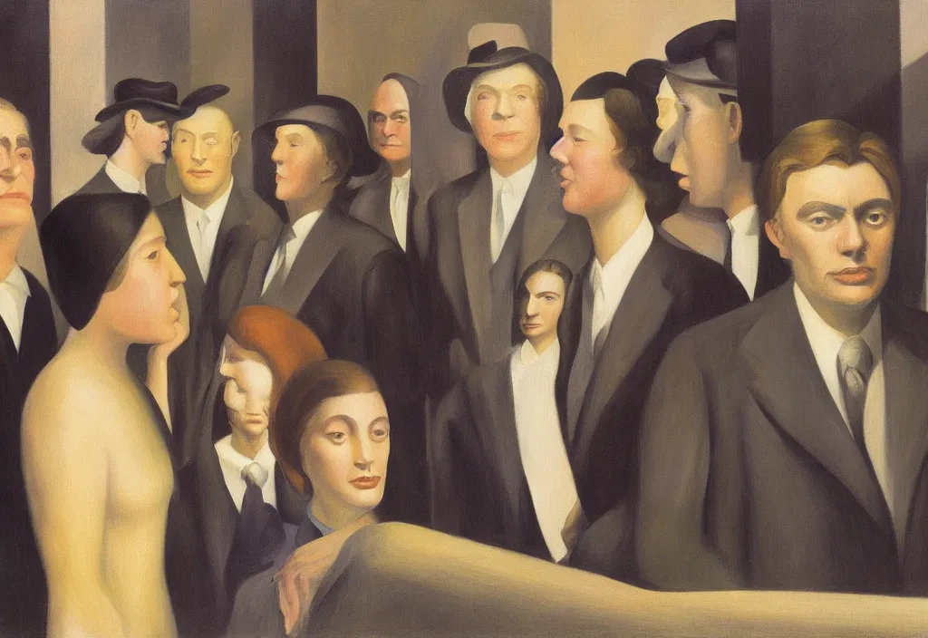 Image similar to group of people pictured in afternoon light, close - up of the faces, surrealist oil painting by edward hopper, dora maar and rene magritte