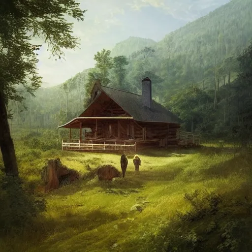 Prompt: a homesteader standing on the porch of his log cabin. pastoral tribute to caspar david friedrich. a wide expansive valley with verdant foliage, tall broad oaks, a beautiful pellucid river running betwixt gorgeous igneous rock driven up by glaciers borderlands cel-shading illustration ismail inceoglu