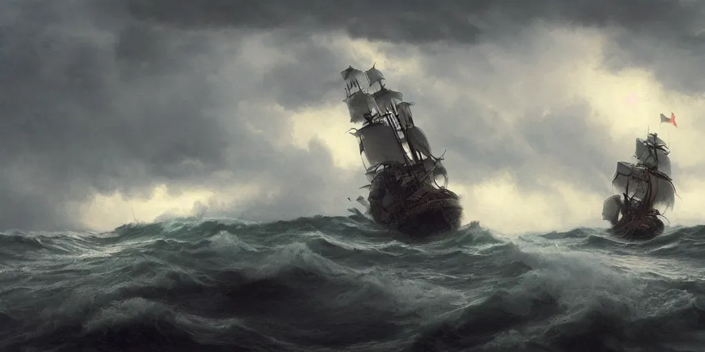 Prompt: Wide shot of a pirate vessel sailing on wild ocean waters during a thunderstorm, crashing waves, 4k, cozy wallpaper, trending on Artstation, award-winning, art by Greg Rutkowski