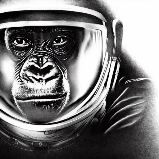 Prompt: double exposure portrait of a astronaut and chimpanzee posing, pencil art, high definition, dynamic lighting