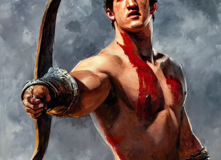 Image similar to a highly detailed beautiful portrait of miles teller as kratos, by gregory manchess, james gurney, james jean