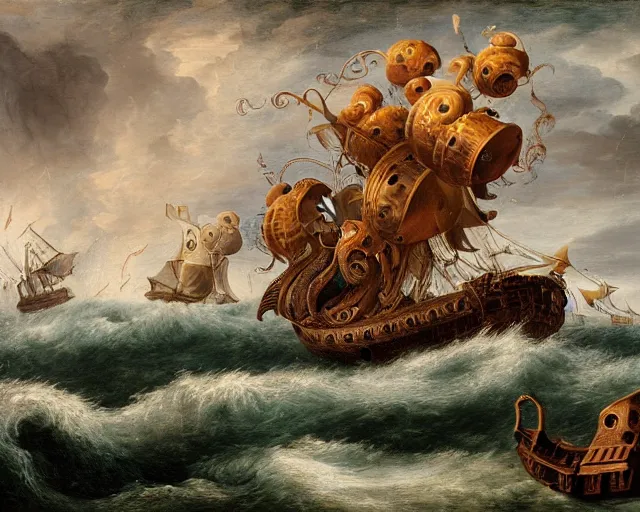 Prompt: a 16th century galleon warship being attacked by the kraken with huge octopus tentacles on the stormy seas with huge waves. The air is choked with cannon fire and smoke. oil painting on canvas, masterpiece, ultra high intricate detail, cinematic