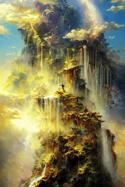 Prompt: the heavens are filled with golden clouds and majestic waterfalls, by ryohei hase, by john berkey, by jakub rozalski, by john martin