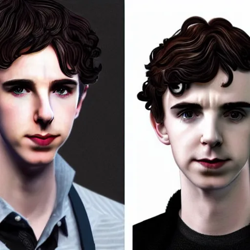 Prompt: a hybrid of benedict cumberbatch and freddie highmore and timothee chalamet, photo realistic, highly detailed, perfect face