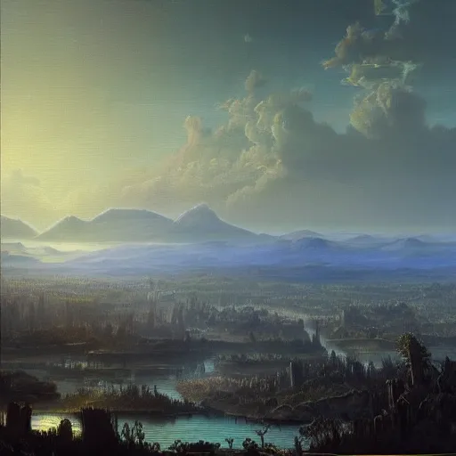 Prompt: irithyll of the boreal valley, beautiful extremely detailed landscape oil on canvas painting in the style of 1 9 th century hudson river school of art