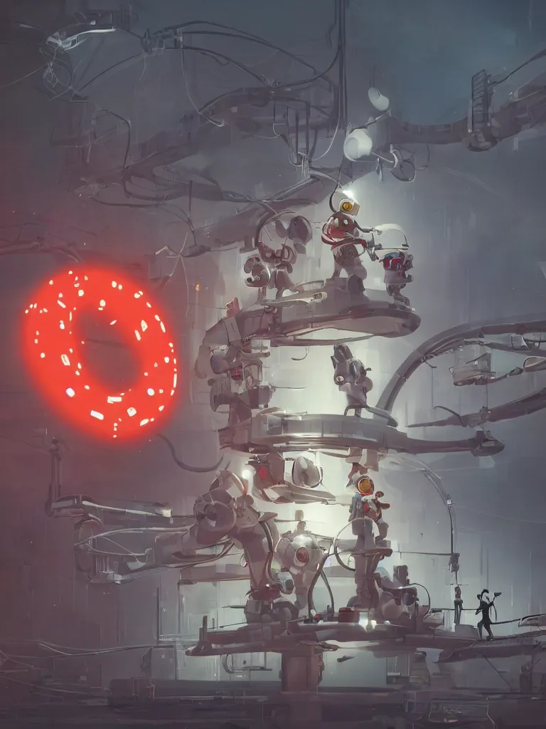 Image similar to graphic art of dystopian futuristic 1 0 mechanic surgeons in space suits, operate on a huge mickeymouse! severedhead!!!! held by a crane. ominous glowing red netflix!!! sign in the background, trending on art station, beeple!!, clean concept art, smooth, octane render