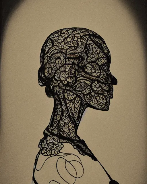 Image similar to a woman's face in profile, made of intricate decorative lace skeleton, in the style of the dutch masters and gregory crewdson, dark and moody