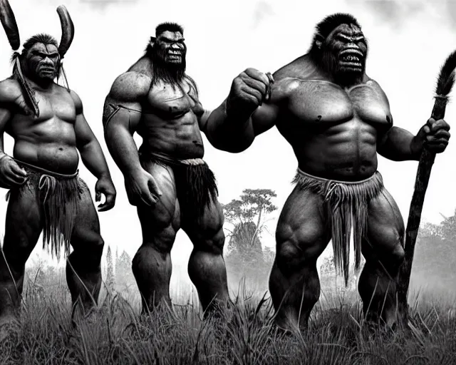 Image similar to hyper realistic group vintage photograph of a live action warcraft orc warrior tribe in the jungle, tall, hulk like physique, detailed faces, tribal paint, tribal armor, grain, old, monochrome, sepia toned, realistic lighting, wide angle